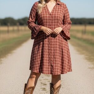 NWT Torrid Bell Sleeve Brown Plaid Button Front Look Dress | Size 2X (18/20)